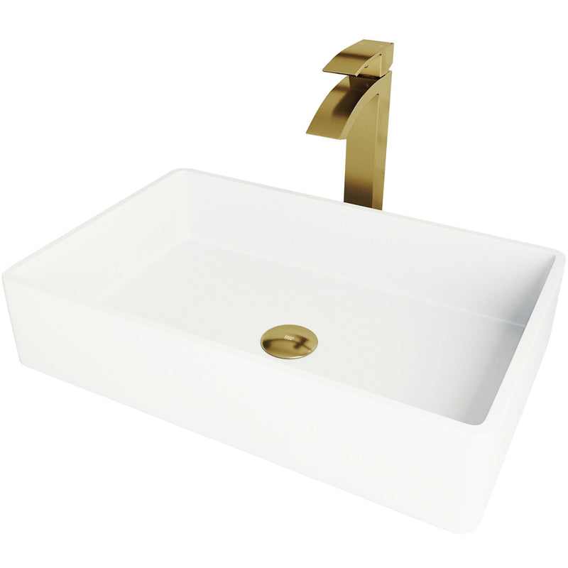 VIGO Magnolia MatteStone White Bathroom Sink/Basin Set with Matte Gold Duris Faucet and Rectangular Composite Vessel U9