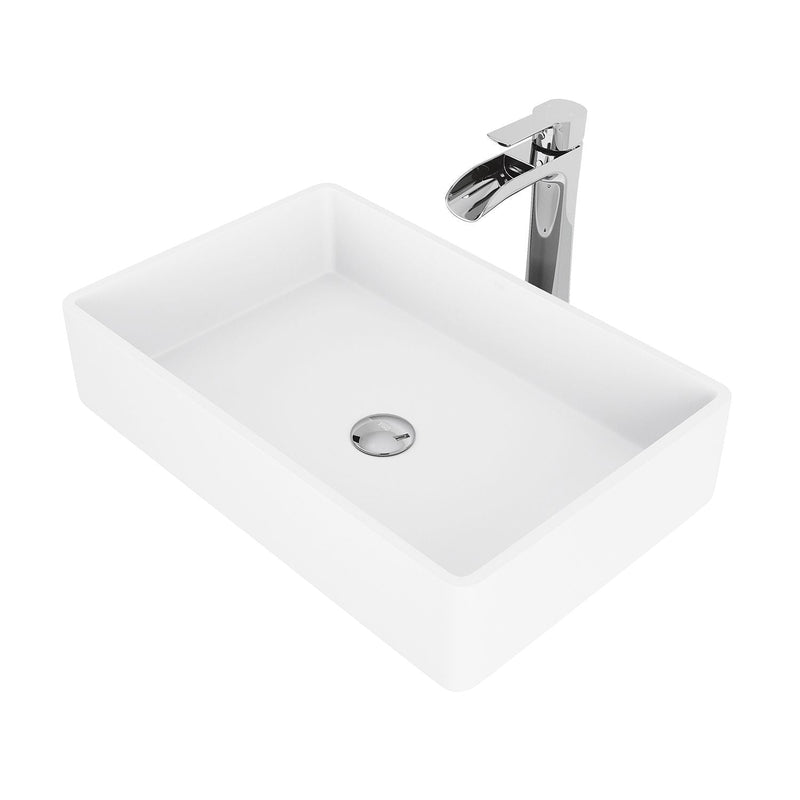 VIGO Magnolia MatteStone White Bathroom Sink/Basin Set with Niko Faucet and Rectangular Composite Vessel X2