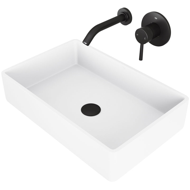 VIGO Magnolia MatteStone White Bathroom Sink/Basin Set with Olus Wall Mount Faucet and Rectangular Composite Vessel I4