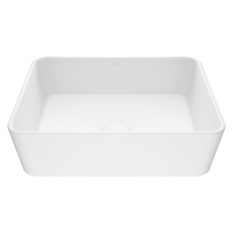 VIGO Marigold Matte Stone Rectangular Composite Vessel Bathroom Sink/Basin with Rounded Edges & Deep Bowl, White N0