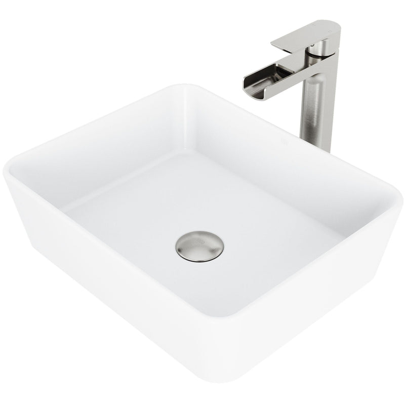 VIGO Marigold MatteStone Matte White Bathroom Sink/Basin Set with Amada Faucet and Rectangular Composite Vessel E5