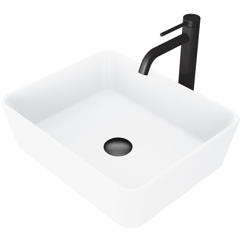 VIGO Marigold MatteStone Matte White Bathroom Sink/Basin Set with Lexington Faucet and Rectangular Composite Vessel F5