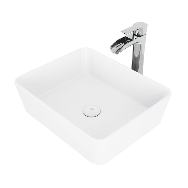 VIGO Marigold MatteStone Matte White Bathroom Sink/Basin Set with Niko Faucet and Rectangular Composite Vessel E8