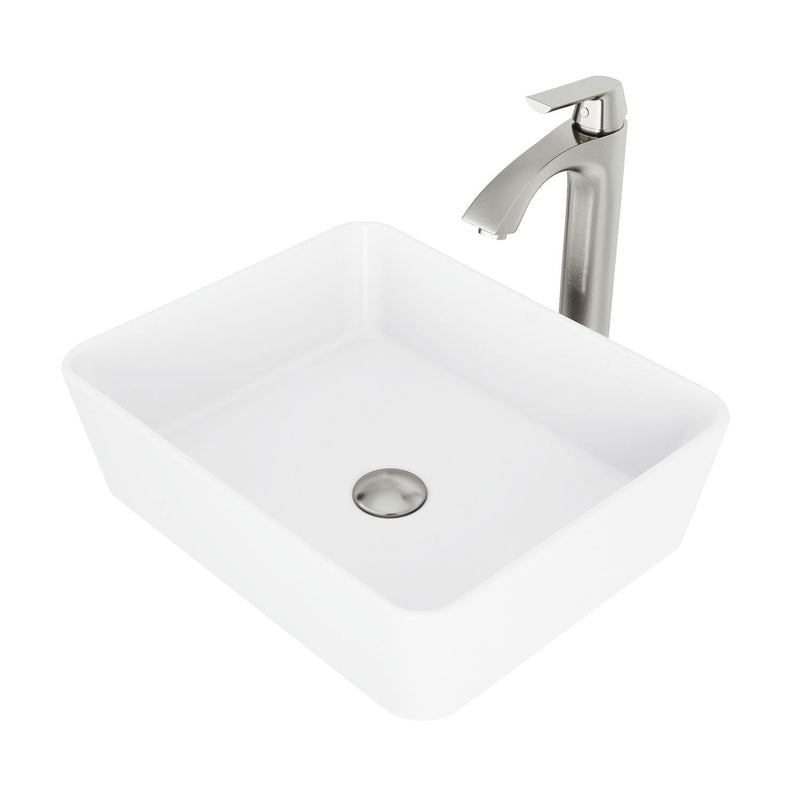 VIGO Marigold MatteStone White Bathroom Sink/Basin Set with Linus Faucet and Rectangular Composite Vessel I1