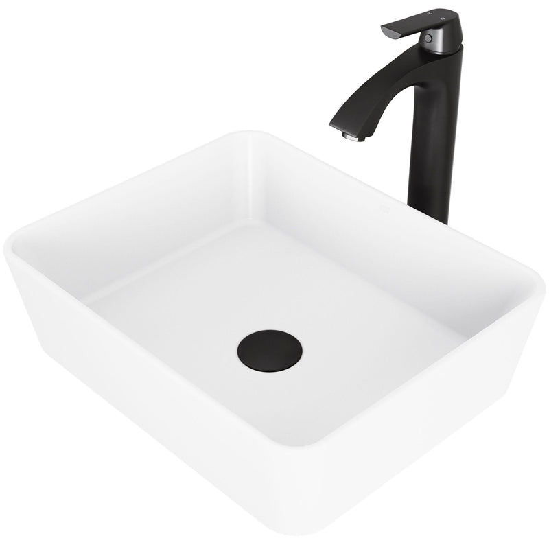 VIGO Marigold MatteStone White Bathroom Sink/Basin Set with Matte Black Linus Faucet and Rectangular Composite Vessel G6