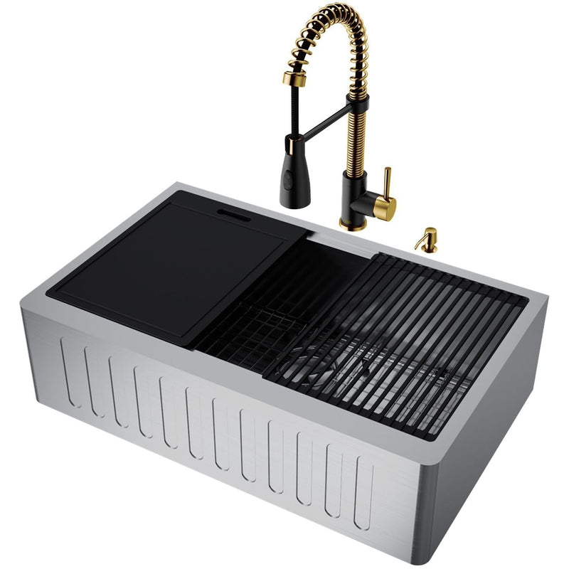 VIGO Oxford 33-in Single-Bowl Gold/Black Farmhouse Sink with Brant Faucet N7