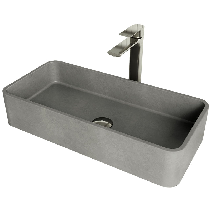 VIGO Palazzo Gothic ConcretoStone Grey Bathroom Sink/Basin Set with Niko Faucet and Rectangular Vessel B0