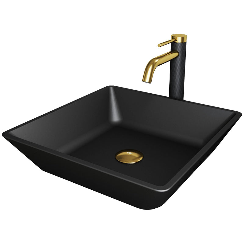 VIGO Roma MatteShell Matte Black Bathroom Sink/Basin Set with Lexington Faucet and Glass Square Vessel Y6