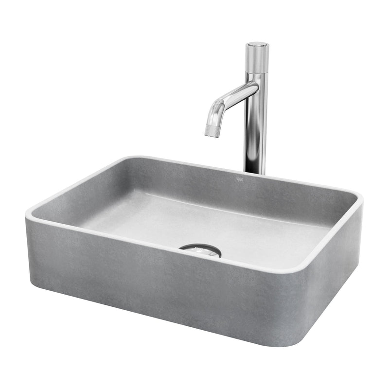 VIGO Segovia Gothic ConcretoStone Grey Bathroom Sink/Basin Set with Apollo Faucet and Rectangular Vessel T6