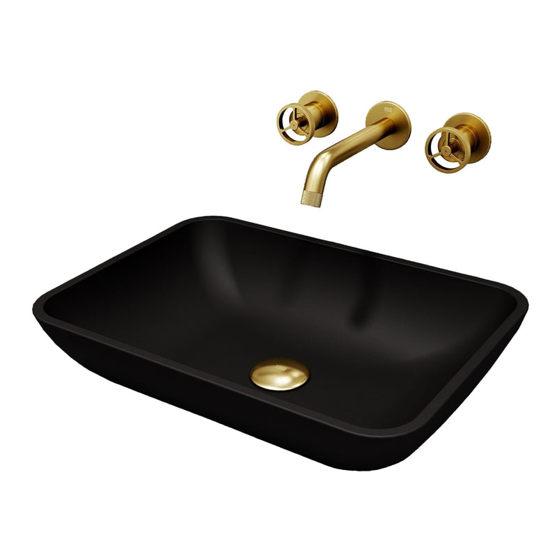 VIGO Sottile MatteShell Matte Black Bathroom Sink/Basin Set with Cass Wall Mount Faucet and Glass Rectangular Vessel E5