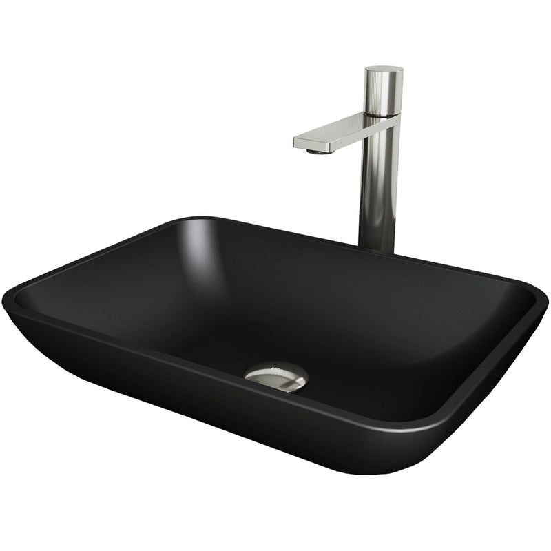 VIGO Sottile MatteShell Matte Black Bathroom Sink/Basin Set with Gotham Faucet and Glass Rectangular Vessel C7