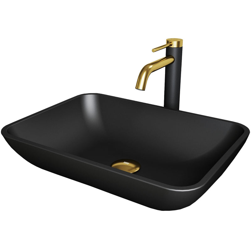 VIGO Sottile MatteShell Matte Black Bathroom Sink/Basin Set with Lexington Faucet and Glass Rectangular Vessel L9