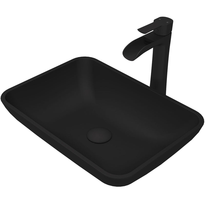 VIGO Sottile MatteShell Matte Black Bathroom Sink/Basin Set with Niko Faucet and Glass Rectangular Vessel I2