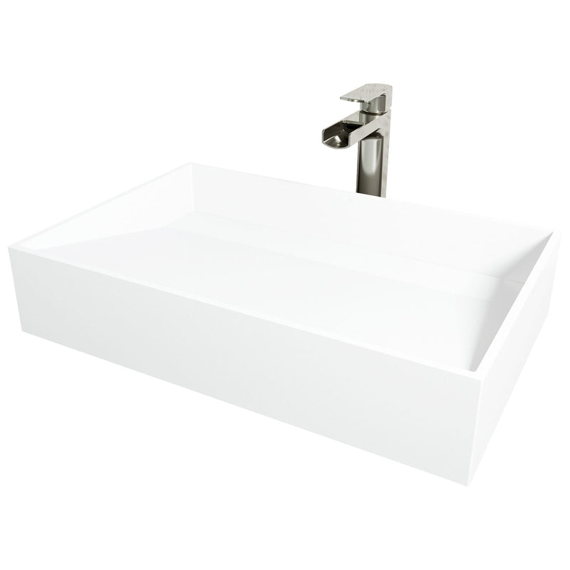 VIGO Starr Glass MatteStone White Bathroom Sink/Basin Set with Amada Faucet and Rectangular Composite Vessel Q4
