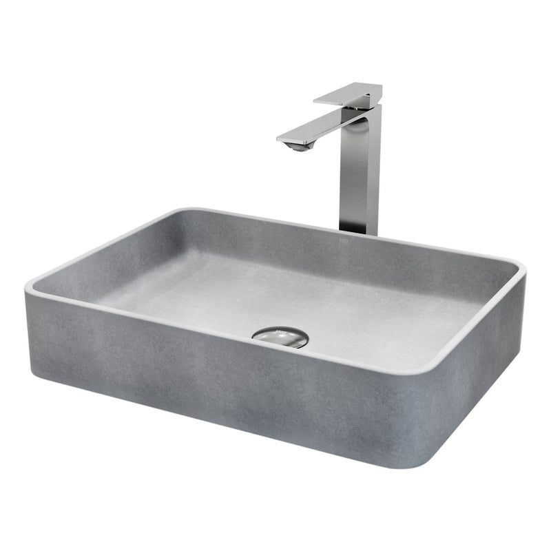 VIGO Tarragona Gothic ConcretoStone Grey Bathroom Sink/Basin Set with Dunn Faucet and Rectangular Vessel R6