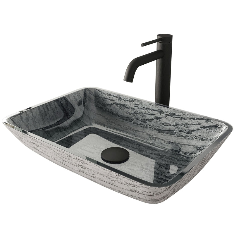 VIGO Titanium Glass Slate Grey Bathroom Sink/Basin Set with Lexington Faucet and Rectangular Vessel M0