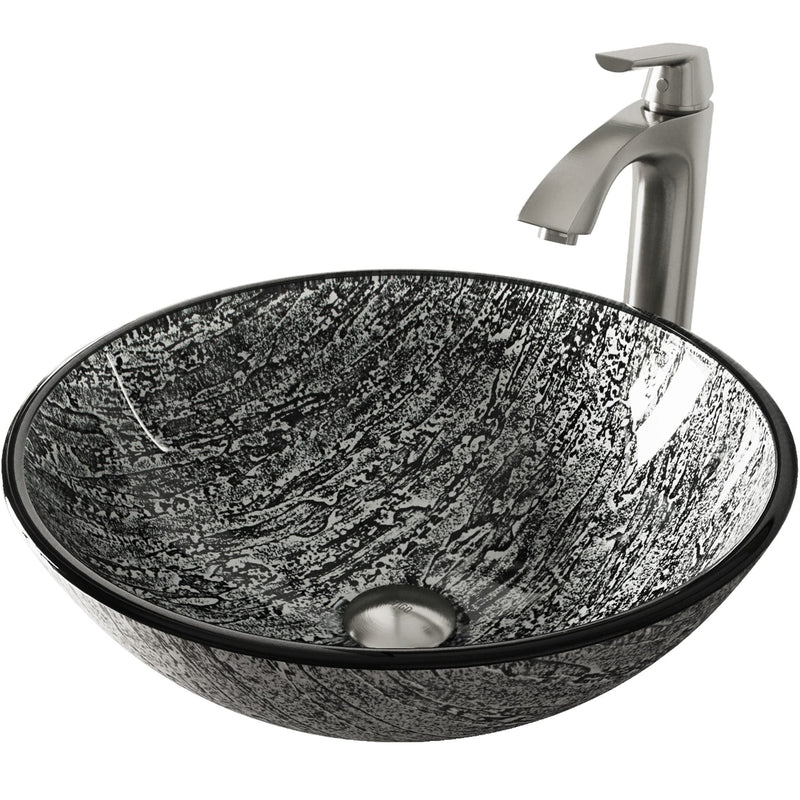 VIGO Titanium Glass Slate Grey Bathroom Sink/Basin Set with Linus Faucet and Round Vessel I5