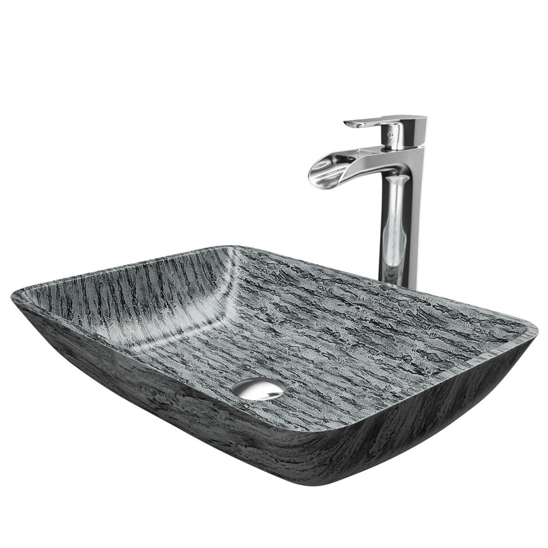 VIGO Titanium Glass Slate Grey Bathroom Sink/Basin Set with Niko Faucet and Rectangular Vessel Z0