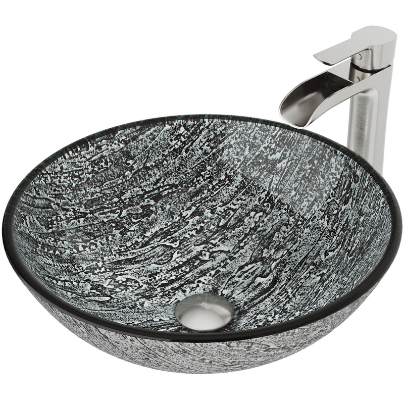 VIGO Titanium Glass Slate Grey Bathroom Sink/Basin Set with Niko Faucet and Round Vessel V7
