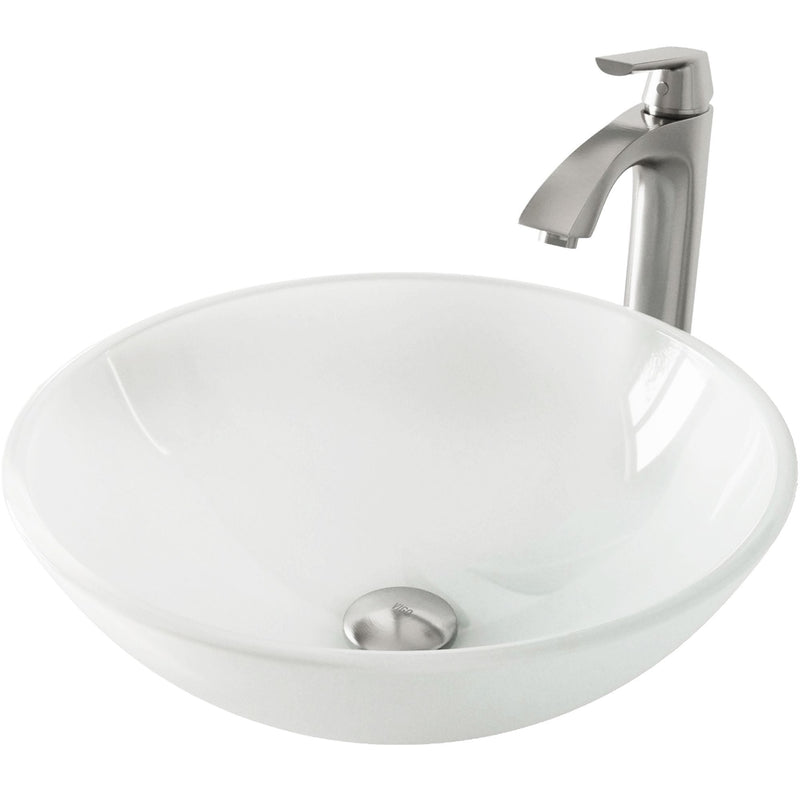 VIGO White Frost White Bathroom Sink/Basin Set with Linus Faucet and Round Glass Vessel O7