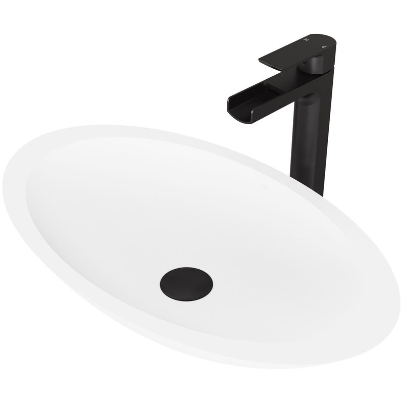 VIGO Wisteria MatteStone White Bathroom Sink/Basin Set with Amada Faucet and Oval Composite Vessel E0