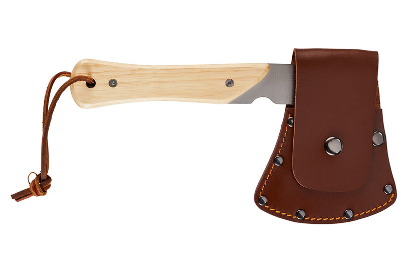 Woods Mini Pack Axe, Steel Single-Bit Hatchet Axe with Wooden Handle, Leather Sheath & Strap Q0