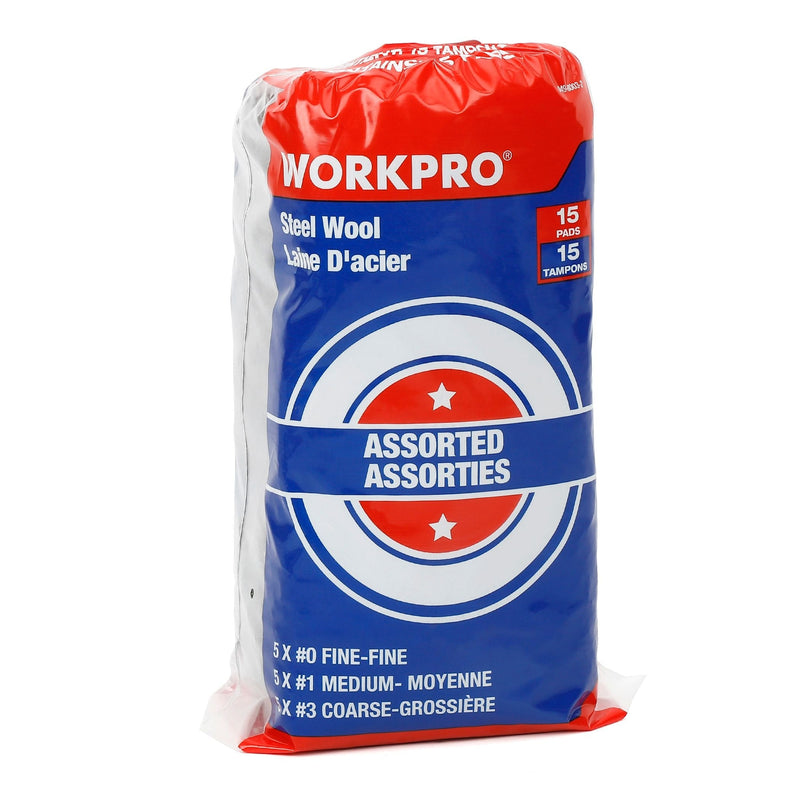 Workpro Steel Wool Pads For Multi-Surface Smoothing & Cleaning, Assorted Grade Pack, 15-pk P0